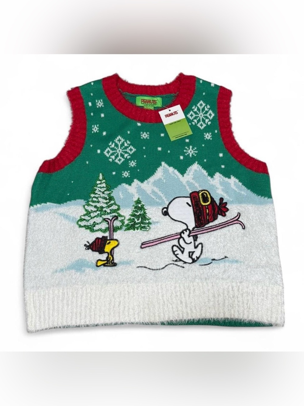 Peanuts Snoopy & Woodstock Winter Skiing Knit Sweater Vest women’s LARGE New